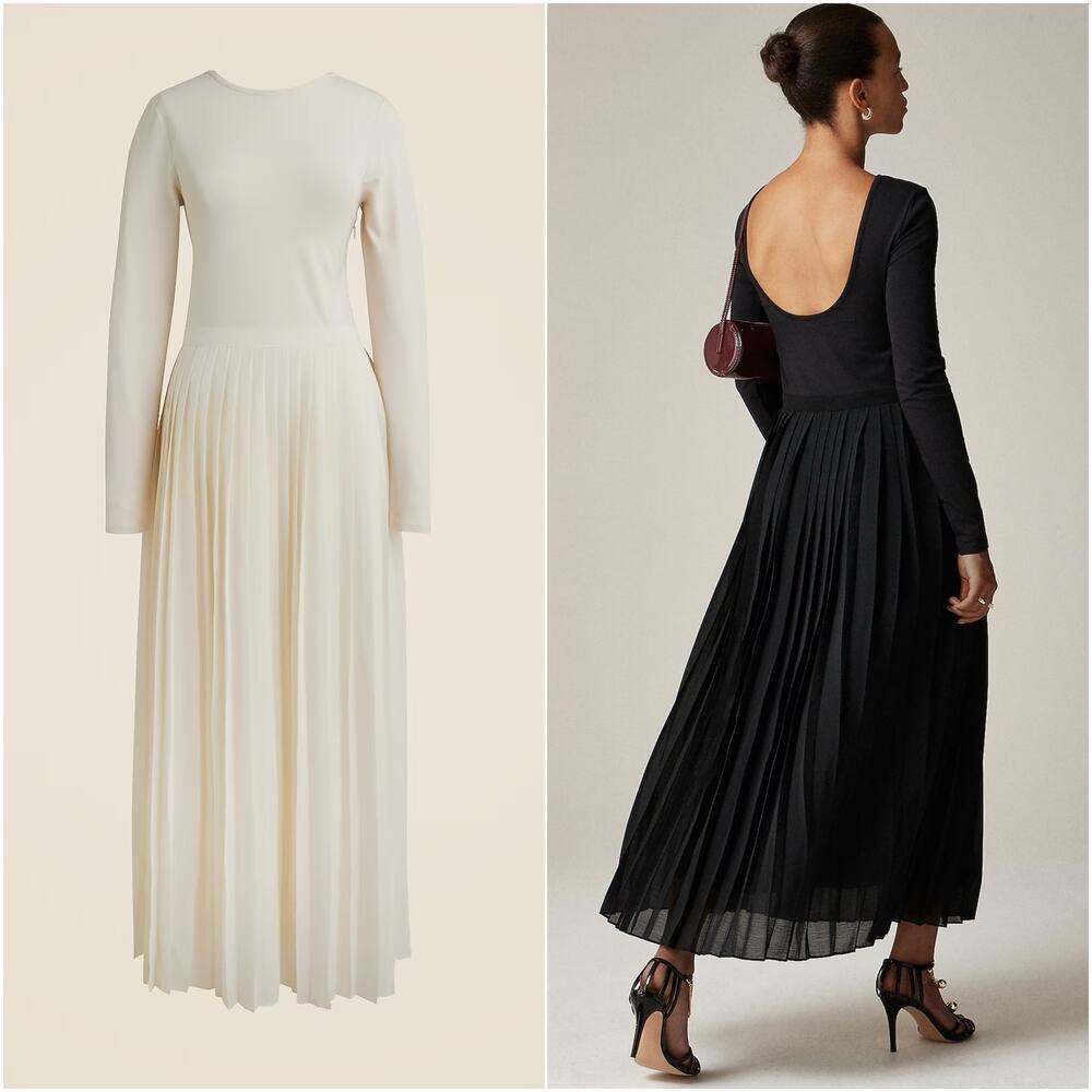 J.Crew Pleated Ballet Maxi Dress Stretch Cotton Natural Long Sleeve Medium NWT